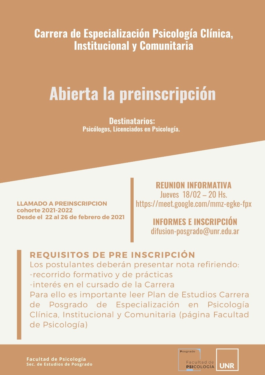Carrera de Especialización Psicología Clínica,Institucional y Comunitaria.  - Secretaría de Estudios de Posgrado