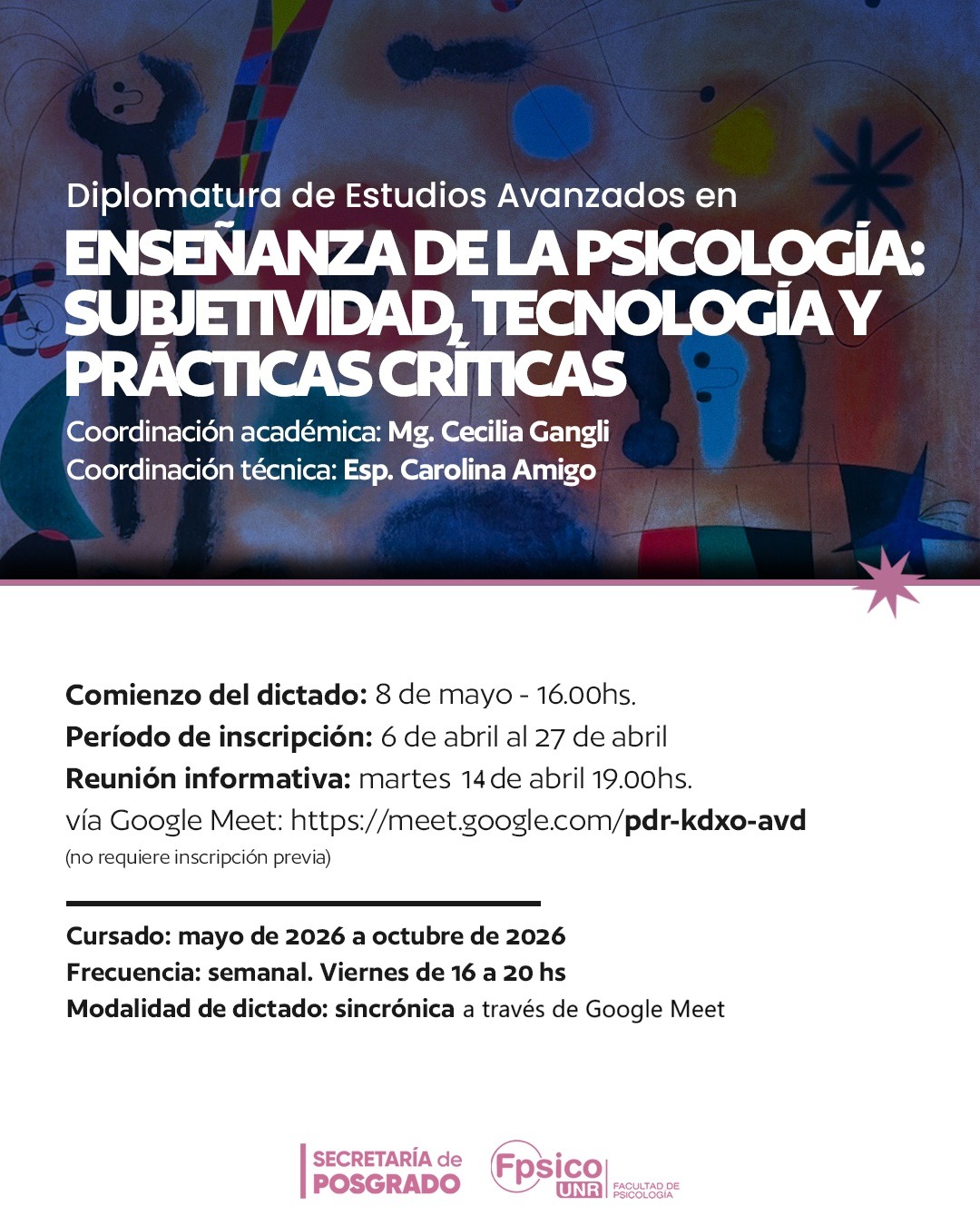 Info apertura Diplomatura de Estudios Avanzados en ENSEÑANZA DE LA PSICOLOGÍA: SUBJETIVIDAD, TECNOLOGÍA Y PRÁCTICAS CRÍTICAS