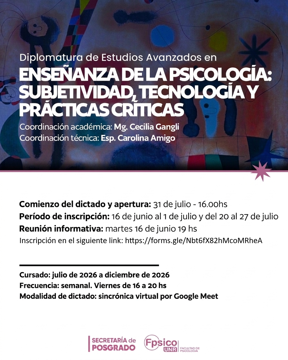 Diplomatura de Estudios Avanzados en ENSEÑANZA DE LA PSICOLOGÍA: SUBJETIVIDAD, TECNOLOGÍA Y PRÁCTICAS CRÍTICAS